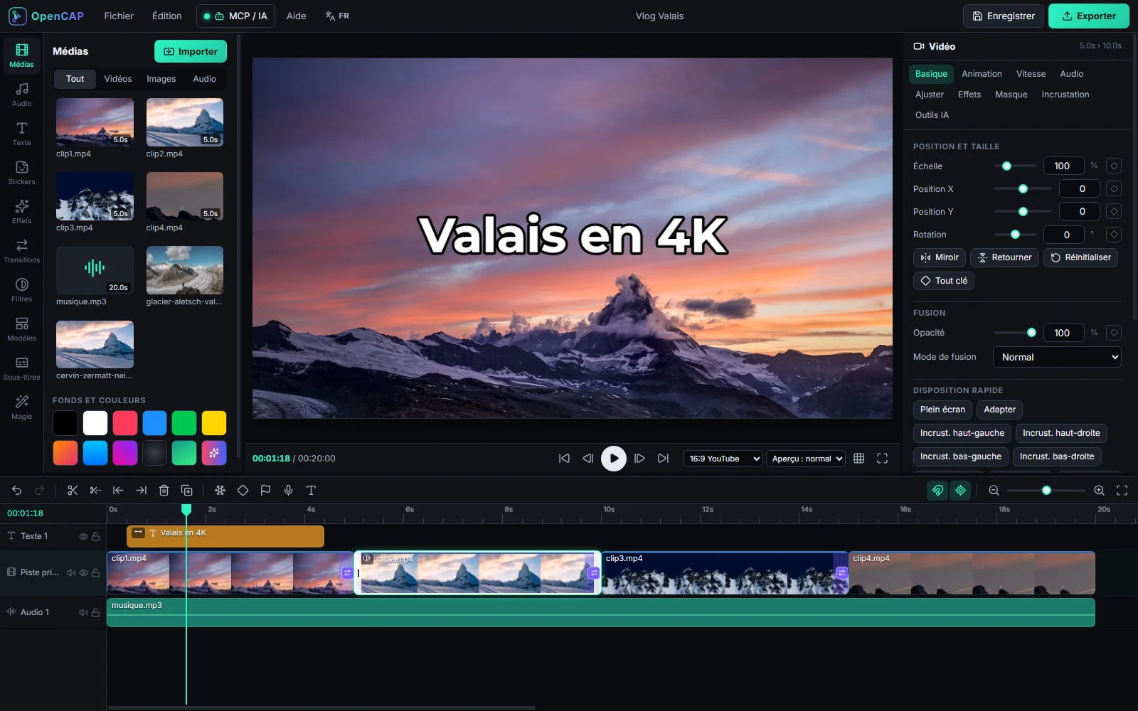 Éditeur vidéo OpenCAP avec timeline et aperçu