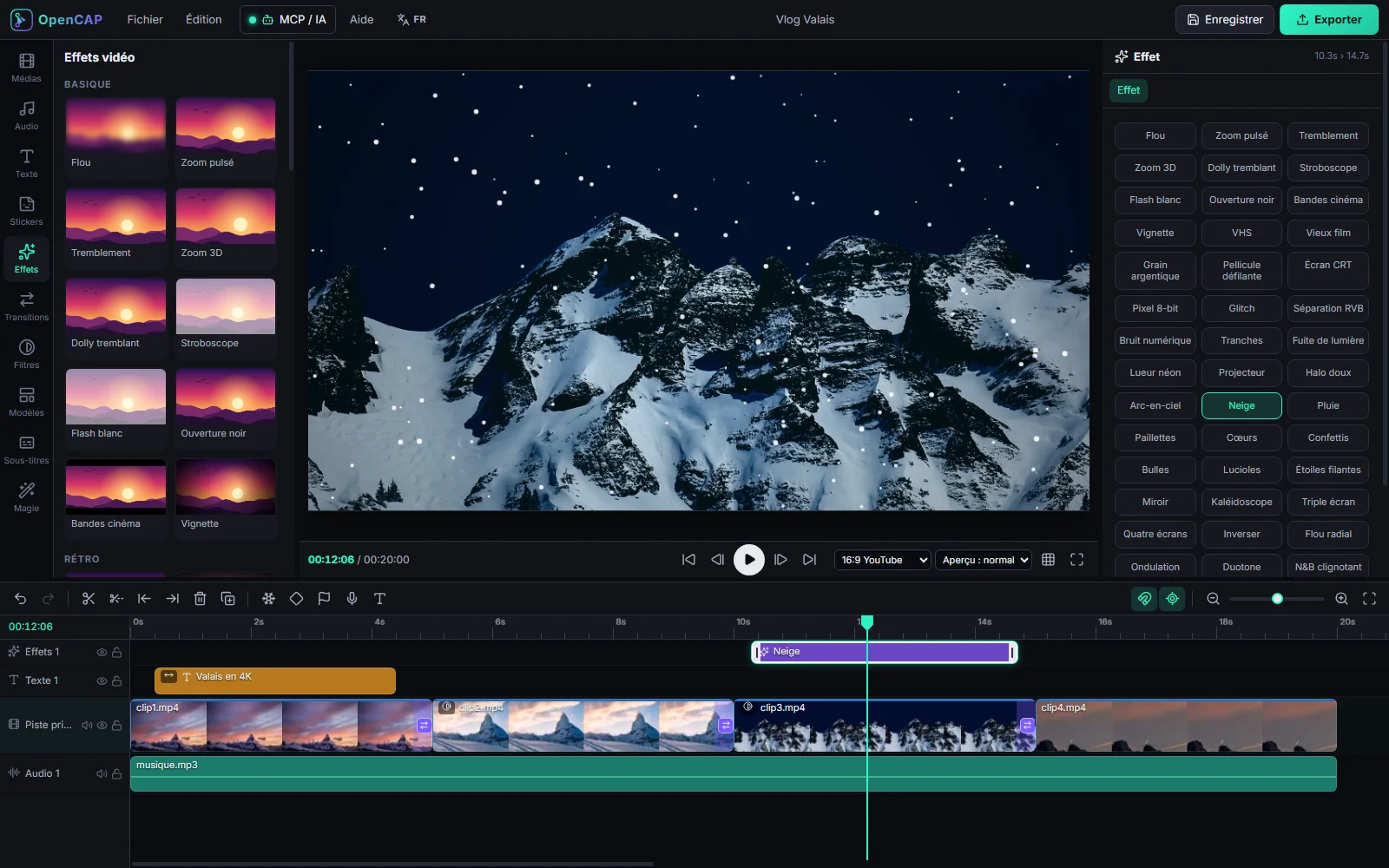 Effet neige appliqué sur une vidéo de montagne dans OpenCAP, avec la liste des effets