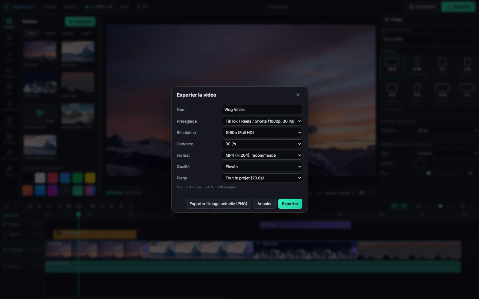 Fenêtre d’export d’OpenCAP avec le préréglage TikTok, Reels et Shorts
