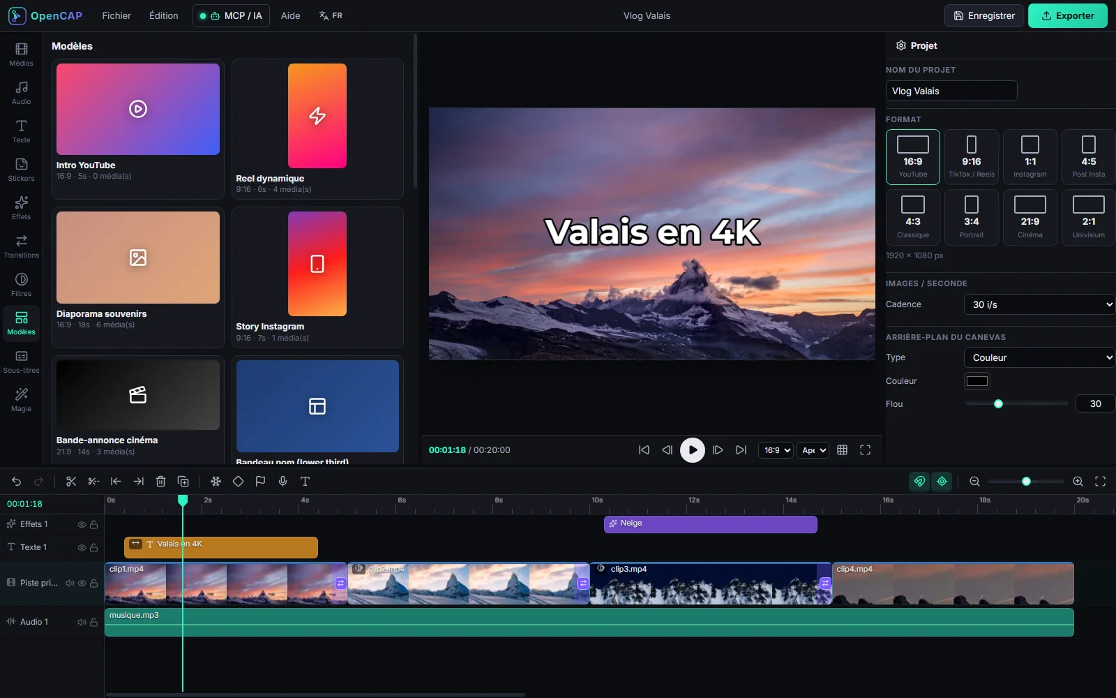 Modèles de vidéos prêts à l’emploi dans OpenCAP : intro YouTube, Reel, story Instagram