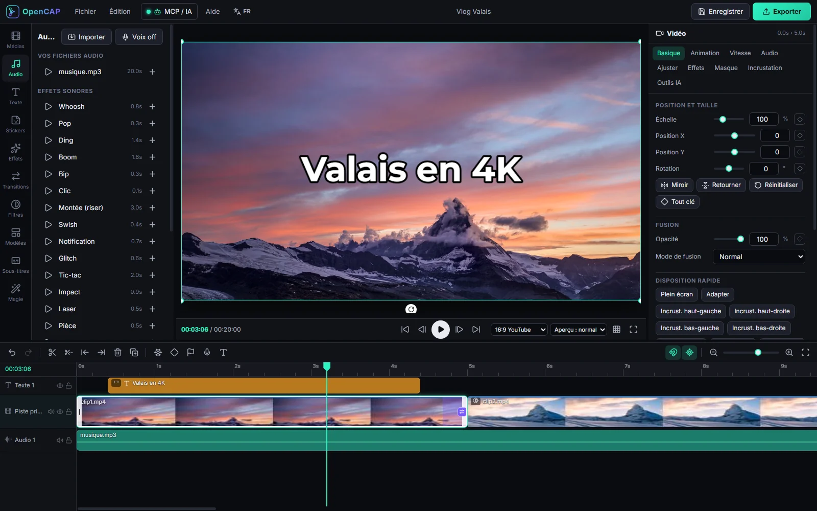 Timeline multipiste d’OpenCAP avec piste de texte, piste principale et musique